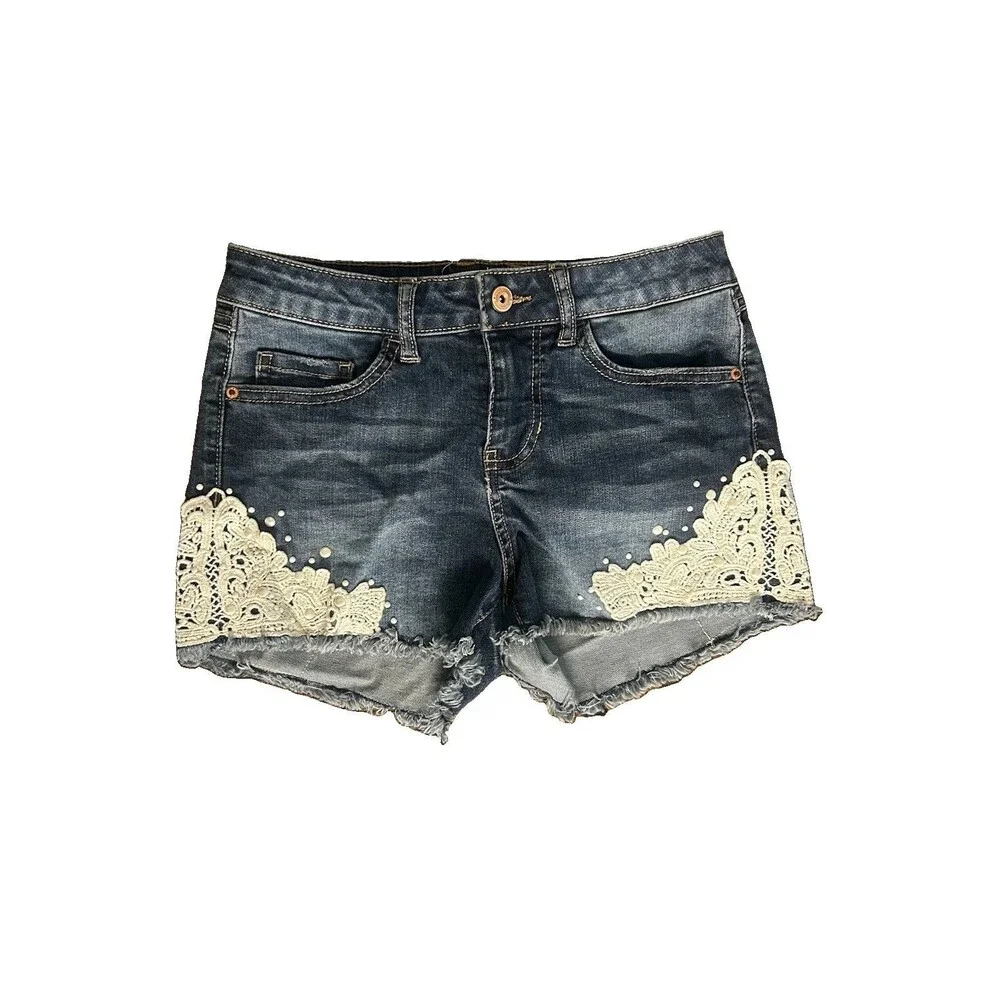Girls Blue Denim Jean Shorts White Lace Trim & Pearl Accents Size 5 Years